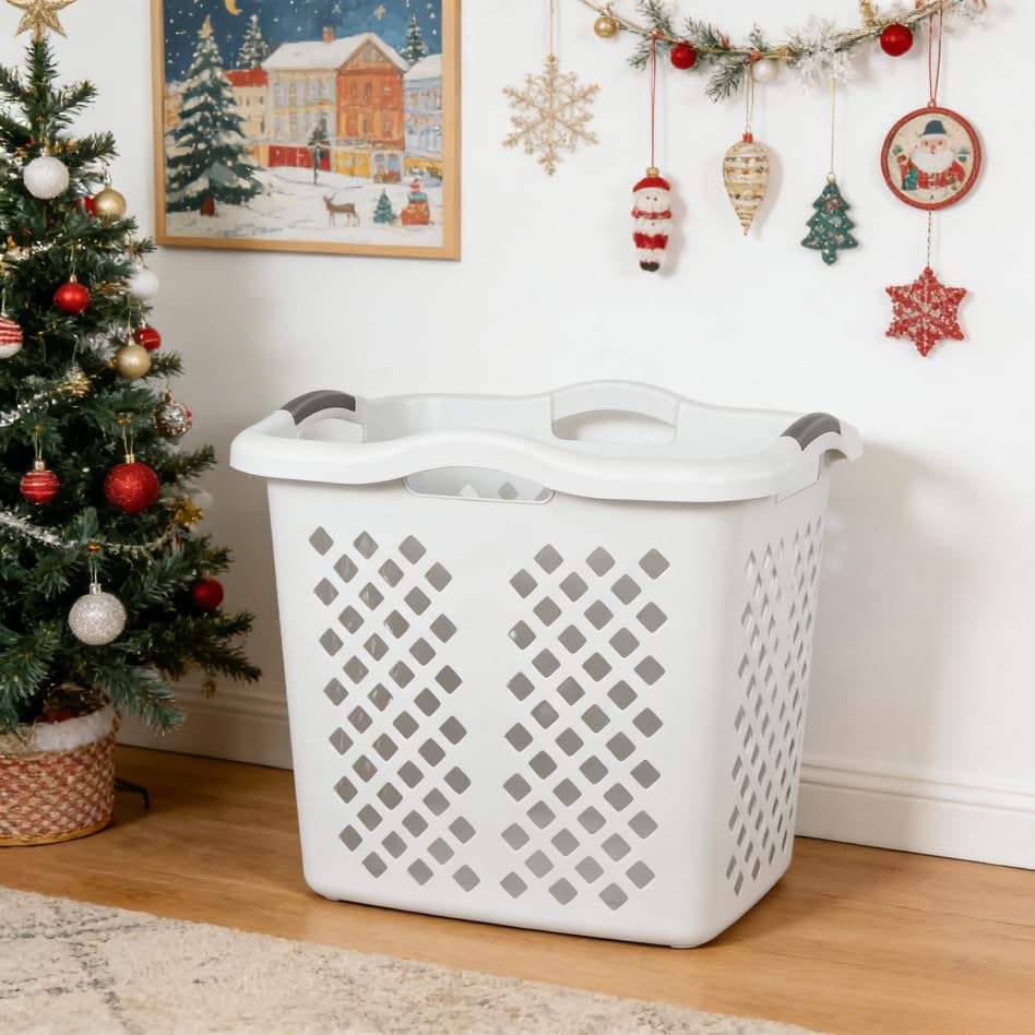 2-bushel capacity laundry baskets with silver handles, white, 2-pack