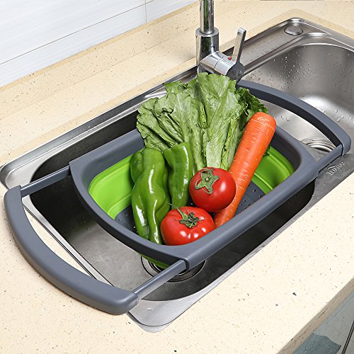 Qimh Colander collapsible, Colander Strainer Over The Sink Vegetable Fruit Strainer Basket (6 Quart) with Extendable Handles, New Kitchen Essentials - color: Green