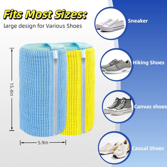Shoe Washing Machine Bag, 4-Pack Reusable Laundry Shoe Bags for Washer & Dryer, 360° Deep Cleaning Mesh Bags with Self-Locking Zipper for All Shoes Types Including Sneakers (2 Blue & 2 Yellow)