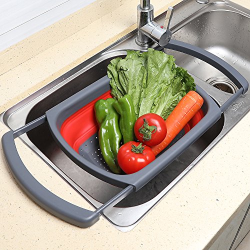 Qimh Colander Collapsible, Over The Sink Veggies/Fruit 6-Quart Strainers and Colanders with Extendable Handles, Folding Strainer for Kitchen - color: Red