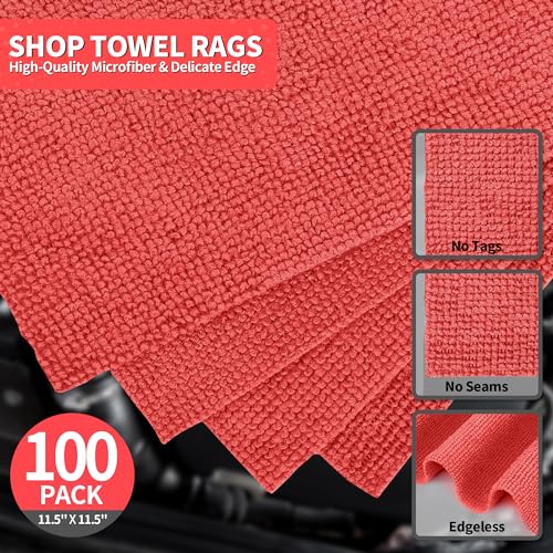 Shop Towels Rags, 100 Pack Microfiber Cleaning Cloth Bulk Absorbent Detailing Rags, Lint-Free Microfiber Towels for Cars, Mechanic, Shop, Garage & Housekeeping 11.5"*11.5" Red - color: Red, style: 100 Pack