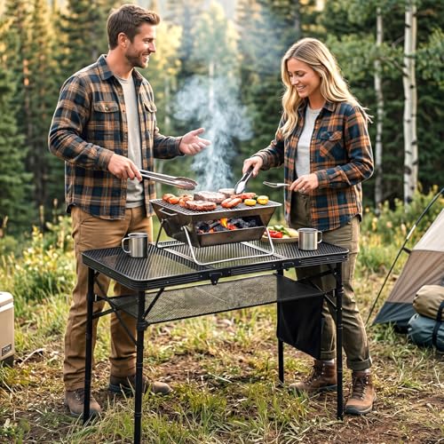 Folding Grill Table, 34"x16" Portable Camping Table with Storage Pocket, Heat Resistant & Waterproof Outdoor Picnic Table, Sturdy Lightweight for Travel Cooking BBQ, Camping, Backyard - size: 34"L x 16"W x 27"H