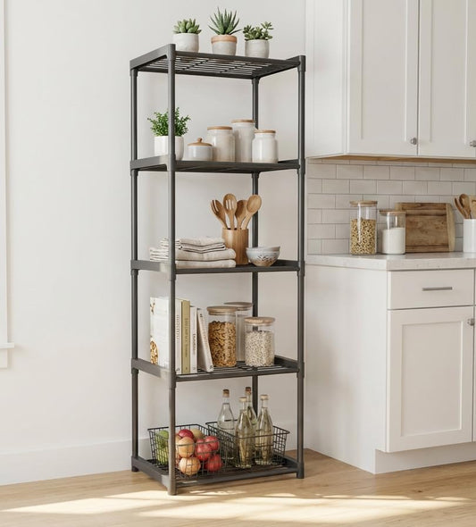 5-Tier Storage Shelves with Plastic Connectors – Metal Shelf Organizer for Pantry, Closet & Bathroom, Space-Saving Sturdy Shelving Unit Rack, Black, 17.3" x 12.8" x 56.7" - color: Black, size: 17.3" x 12.8" x 56.7"(5T)