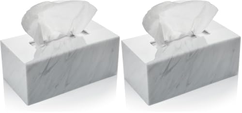 Acrylic Tissue Box Holder, Clear Dispenser for Facial Tissues, Napkins, and Dryer Sheets. Perfect for Bathrooms, Desks, Countertops, Vanities, Bedrooms, and Nightstands (Rectangle, Marble) (Pack of 2) - color: White, size: Rectangle (Pack of 2)