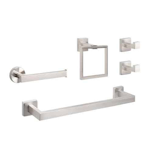 NearMoon 5 Pieces Bathroom Hardware Set 304 Stainless Steel - Square Towel Rack Set Include 16" Towel Rod + Towel Ring + Toilet Paper Holder + 2 Robe Towel Hooks Bathroom Accessories (Brushed Nickel) - color: Brushed Nickel, size: 16 inch