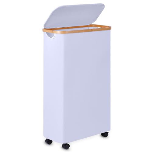 Slim Laundry Basket with Wheels,Narrow Hampers for Laundry(60L White) - color: White, size: 60L with Wheels