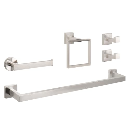 NearMoon 5 Pieces Bathroom Hardware Set 304 Stainless Steel, Square Towel Rack Kit - 24" Towel Rod + Towel Ring + Toilet Paper Holder + 2 Robe Hooks, Wall Mounted Bath Accessories (Brushed Nickel) - color: Brushed Nickel, size: 24 inch