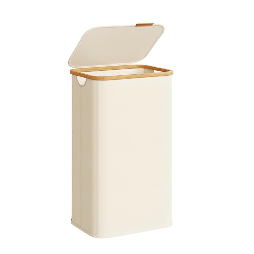 SONGMICS Laundry Hamper with Lid, 100L Laundry Basket, Bamboo Frame - color: Cream White, size: 100 L (1-Section)