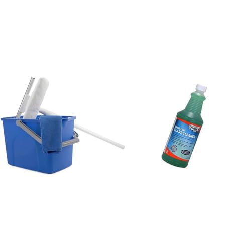 UNGER Window Washing Starter Kit with 2-in-1 10" Microfiber Combi, 3 ft Pole, Cloth, and Bucket + 32 oz Streak-Free EasyGlide Glass Cleaner Concentrate