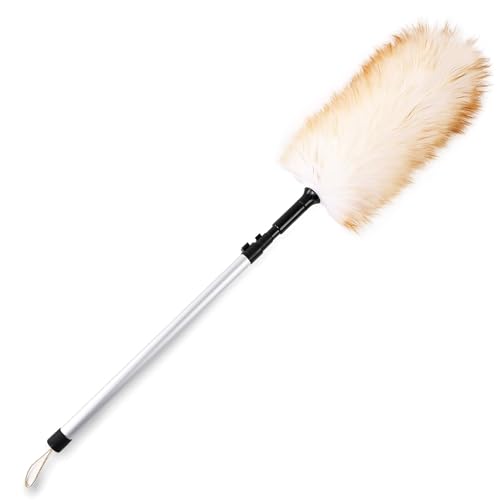 Lambswool Duster Extendable 31-55 Inch, Natural Electrostatic Feather Duster for Cleaning with Aluminum Extension Pole Reusable for High Ceilings, Fans, Blinds, Furniture, Interior & Roof Dusting - size: 31-55 Inch