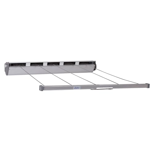 Household Essentials Steel and Aluminum 5‑Line Retractable Wall‑Mounted Dryer Slim Space‑Saving Laundry Rack, White Finish