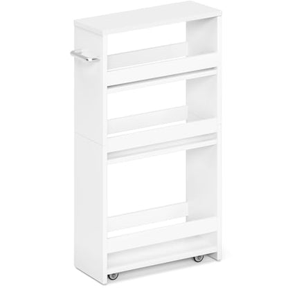MARTY Slim Rolling Storage Cart, Wood Utility Kitchen Bathroom Laundry Cart - color: All White, size: 5.51"D x 15.75"W x 31.5"H