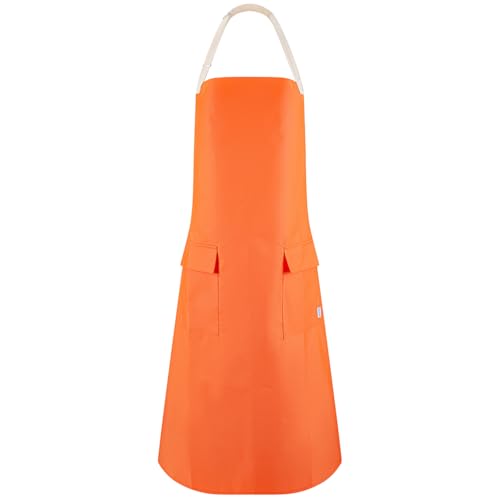 Waterproof Lightweight Vinyl Work Apron for Industrial Use, Extra Long Coverage with Pockets, Heavy-Duty PVC - color: Orange