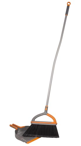 Casabella Ergo Broom & Dustpan Set Angled Broom with Replaceable Bristle Head & Hang Loop, 54-Inch, Gray - style: Indoor