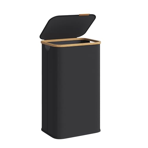 SONGMICS Laundry Hamper with Lid, 100L Laundry Basket, Bamboo Frame - color: Ink Black, size: 100 L (1-Section)