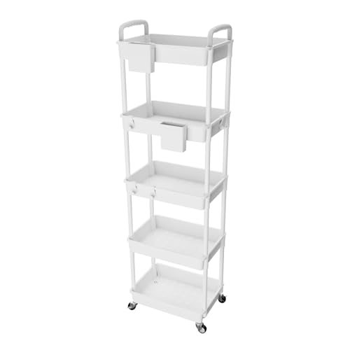 5 Tier Rolling Utility Cart with Handle,REBECAT Utility Cart Made of Multifunctional Storage Organizer Tool for Kitchen,Bathroom,Living Room,Office(White) - color: White