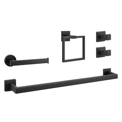 NearMoon 5 Pieces Bathroom Hardware Set 304 Stainless Steel, Square Towel Rack Kit - 24" Towel Rod + Towel Ring + Toilet Paper Holder + 2 Robe Hooks, Wall Mounted Bath Accessories (Matte Black) - color: Matte Black, size: 24 inch