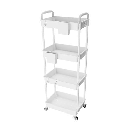 4 Tier Rolling Utility Cart with Handle,REBECAT Utility Cart Made of Multifunctional Storage Organizer Tool for Kitchen,Bathroom,Living Room,Office(White) - color: White
