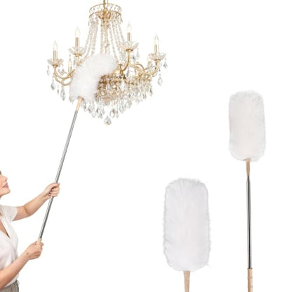 White Lambswool Extendable Duster, 32-98 Inch Bendable Wool Head with Anti-Static Properties and Stainless Steel Extension Pole for Ceiling Fans, High Walls, and Roof Dusting(one Pack) - size: white wool