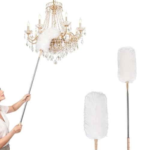 White Lambswool Extendable Duster, 32-98 Inch Bendable Wool Head with Anti-Static Properties and Stainless Steel Extension Pole for Ceiling Fans, High Walls, and Roof Dusting(one Pack) - size: white wool