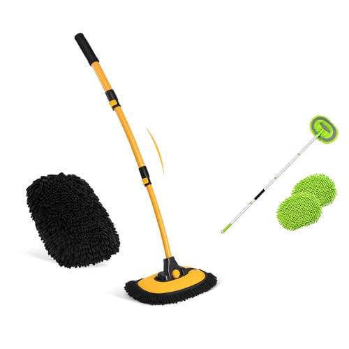Ordenado 15°Curved Car Wash Brush with Long Handle, 43" Car Cleaning Brush with Extension Pole, Microfiber RV Wash Mop Scratch-Free, 62" Car Wash Brush Kit Mitt Mop Sponge with Long Handle