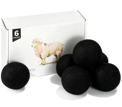 Wool Dryer Balls 6 Pack, Natural Fabric Softener, Dryer Balls Laundry Reusable, Reduces Clothing Wrinkles and Saves Drying Time (Pure Black) - color: Pure Black