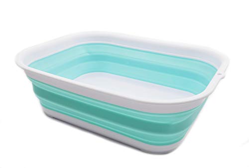 SAMMART 12L (3.17 Gallon) Collapsible Tub - Foldable Dish Tub - Portable Washing Basin - Space Saving Plastic Washtub (1, White/Lake Green) - color: White/Lake Green