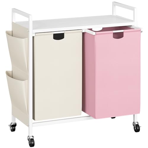 WOWLIVE Double Laundry Hamper with Wheels, Rolling Laundry Basket Organizer - color: White and Pink, size: 110l (30.0 x 13 x 32 Inches)