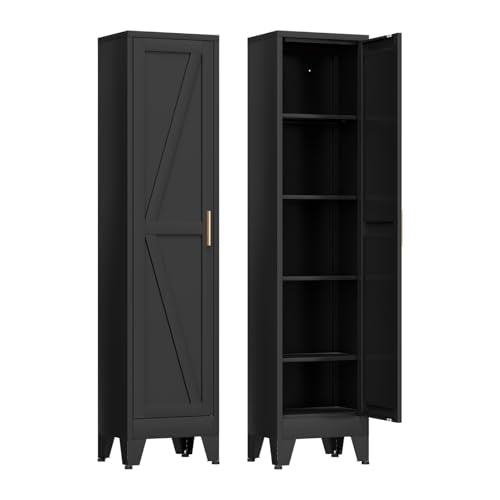 COFaR 67'' Tall Narrow Bathroom Storage Cabinet, Metal Farmhouse Skinny Pantry Cabinet with 4 Adjustable Shelves and One Door, Slim Cabinet Storage for Kitchen Garage, 5-Tier Black - color: Black, size: 67'' 1 Door 0 Drawer-Barn Door