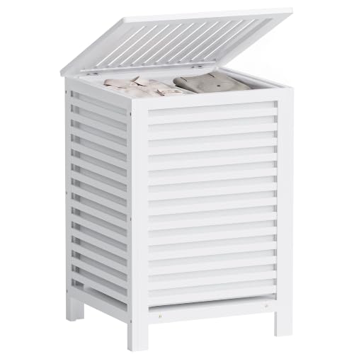 SMIBUY Double Laundry Hamper with Lid, 120L Bamboo Laundry Basket with Removable Liner Bag, 2-Section Clothes Divider Laundry Sorter for Laundry Room, Bathroom, Bedroom (White) - color: White