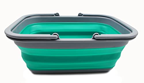 SAMMART 9.2L (2.37Gallon) Collapsible Tub with Handle - Portable Outdoor Picnic Basket/Crater - Foldable Shopping Bag - Space Saving Storage Container (1, Grey/Bluish-Green) - color: Grey/Bluish-green