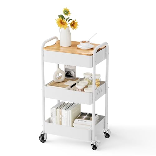 3-Tier Rolling Cart with Table Top, Metal Utility Cart on Wheels - color: White