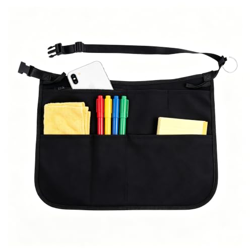 Waterproof Server Apron with 5 Large Pockets, Waist Apron for Women and Men, Cleaning Apron Utility Tool Belt for Waitress Housekeeping Gardening Barista Work Apron, Black