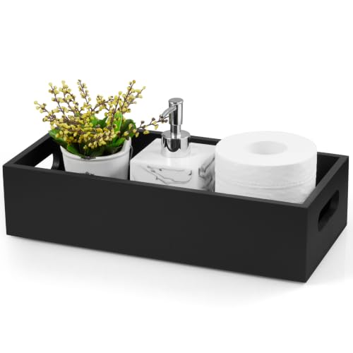 ALELION 14 Inch Black Wood Bathroom Storage Basket with Handles, Toilet Paper Basket for Back of Toilet Tank Top, Wooden Organizer Tray for Bathroom Countertop, Vanity, Kitchen, Pantry, Laundry Room - color: Black, size: 14 Inch