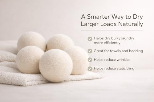 XL Wool Dryer Balls 6 Pack, 3 Inch, 100% New Zealand Wool, Reusable Natural Fabric Softener for Towels, Bedding and Larger Loads, Helps Reduce Drying Time, Wrinkles and Static Cling - size: 3 Inch (Pack of 6)