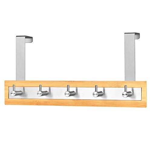 ToiletTree Products Bamboo Stainless Steel Over-the-Door Towel Hooks - Durable Coat, Clothes, and Towel Rack to Use in the Bathroom, Laundry Room, and Closet - 5 Hooks - size: 5 Hook