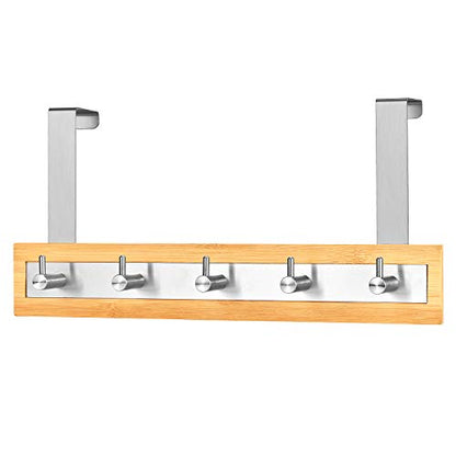 ToiletTree Products Bamboo Stainless Steel Over-the-Door Towel Hooks - Durable Coat, Clothes, and Towel Rack to Use in the Bathroom, Laundry Room, and Closet - 5 Hooks - size: 5 Hook