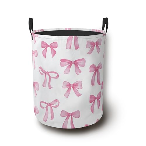 Pink Cute Bow Laundry Hamper with Handles,Collapsible Waterproof Storage Basket for Dirty Clothes Books Round Organizer Bin for Bathroom Bedroom College Dorms 16" x 20.8" - color: Pink Cute Bow