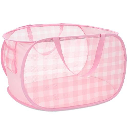 Sturdy Collapsible Laundry Baskets - Pop Up Laundry Hampers with Handy Pocket, Foldable Clothes Hamper with Reinforced Carry Handles for Bathroom, Kids Room, Dorm or Travel - Check Print, Pink - color: pink