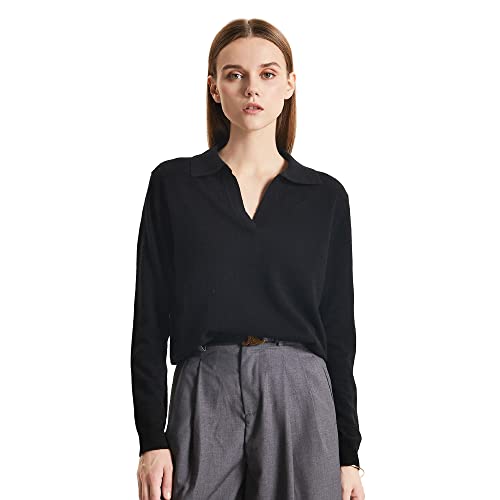 GreenMount Women's Deep V-Polo Casual Loose Cashmere Sweater Pullover Lapel Long Sleeve for Women Keep 37.5° Warm - color: Black, size: Medium