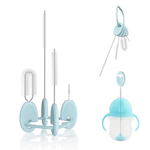 Straw Cleaner Brush Set for Baby Bottles, 4-in-1 with Stand and Key Ring, Blue - color: Blue, size: Baby Version（0–24 Months）