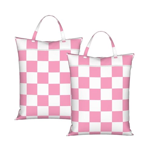 "pink and white checkerboard plaid 2-Pack Travel Laundry Bags for Dirty Clothes- Large Waterproof Laundry Tote, Wet & Dry Use, Reusable Foldable Carry Handles for Vacation, Gym & Dorm" - color: Pink And White Checkerboard Plaid