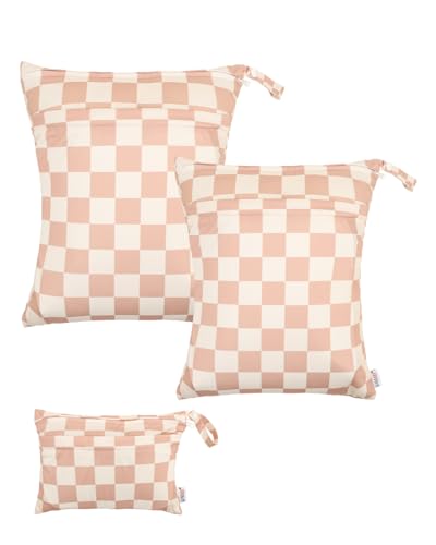 ALVABABY 3 Pack Wet Dry Bags for Cloth Diapers, Swimsuits & Gym Clothes, Waterproof Reusable Baby Diaper Bag with 2-Zippered Compartments, Hanging Strap, Machine Washable, Small/Medium/Large for Dayca - color: Beige grid