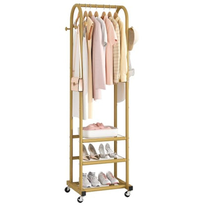 Kaitiemoo Clothing Rack, Mobile Garment Rack with Wheels & 3 Shelves, Gold - color: Gold