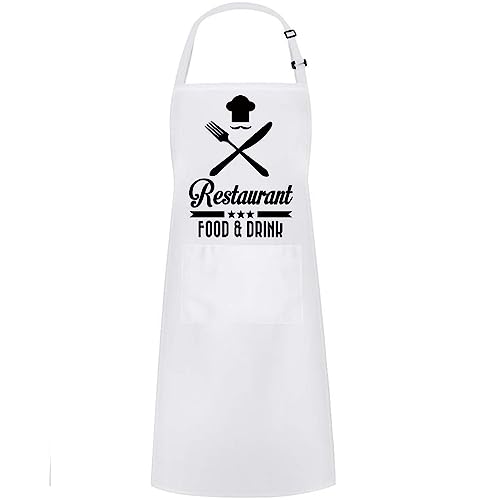 Hyzrz Funny Adjustable Aprons Baker Costume with Pocket Cook Grill BBQ Chef Apron Gifts for Fathers Mothers Day Birthday (Restaurant Food&Drink, White) - color: White, style: Restaurant Food&drink