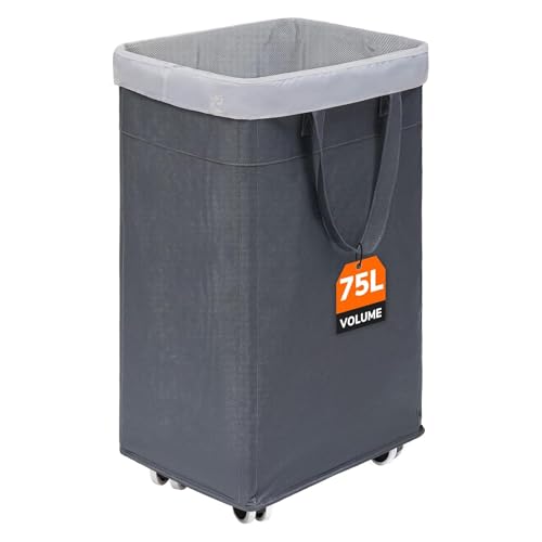CHICVITA 75L Large Rolling Laundry Basket with Wheels & Wash Bag, Grey - color: Grey, size: 75L (15.7"L x 11.8"W x 24.8"H)
