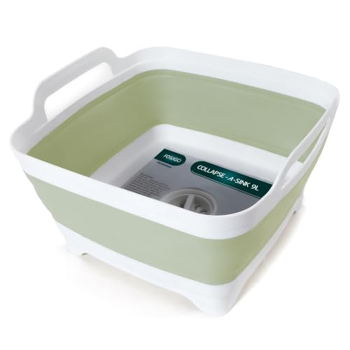 FOSJGO Collapsible Dish Basin with Drain Plug, Foldable Sink, 2.4 Gal (9L) - color: Light Green