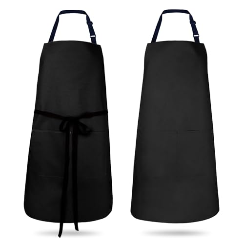 2 Pack Kitchen Aprons, Waterproof and Oil Resistant with 2 Pockets, Adjustable Neck Strap for Chef Apron - color: Black