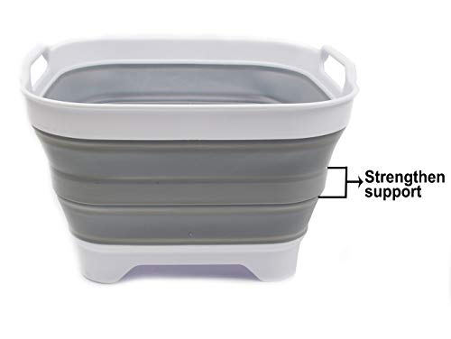 SAMMART 10L (2.64 gallon) Collapsible Dishpan with Draining Plug - Foldable Washing Basin - Portable Dish Washing Tub - Space Saving Kitchen Storage Tray (1, White/Grey) - color: White/Grey