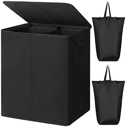 WOWLIVE 154L Double Laundry Hamper 2 Section with Lid and Removable Bags - color: Black, size: 154l (24.8x 14.2 X 26.8 Inches)